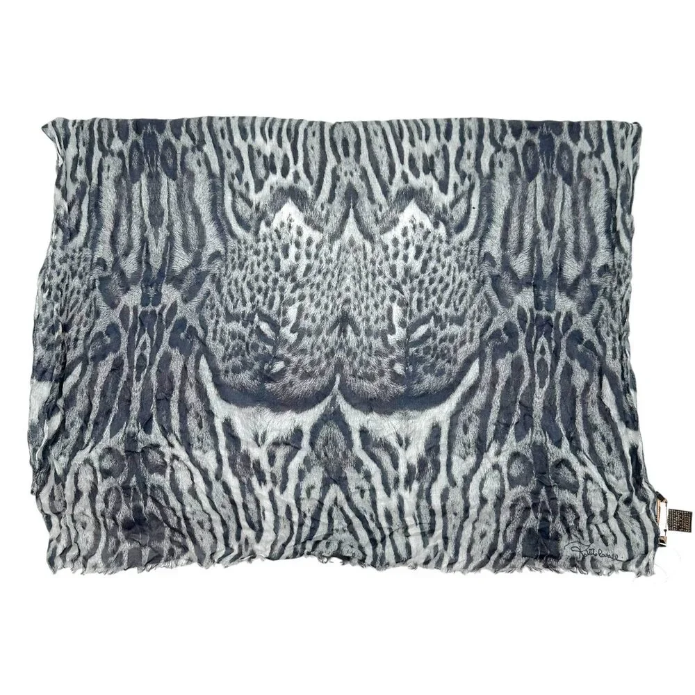 Roberto Cavalli Semi-Sheer Gray Leopard Print Stole Scarf